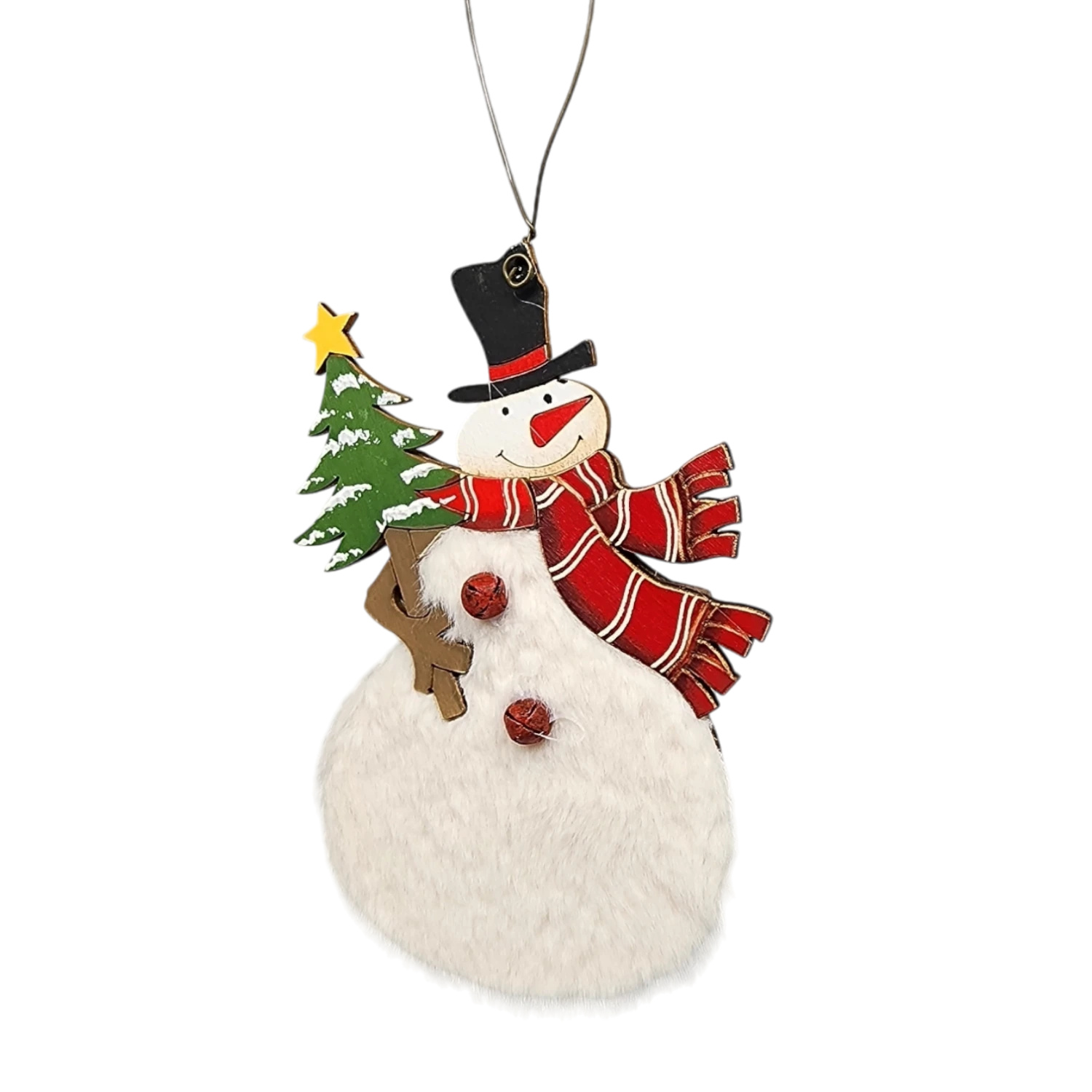 Wood And Fur Snowman Ornament - Tophat With Tree 1 Wood And Fur Snowman Ornament - Tophat With Tree