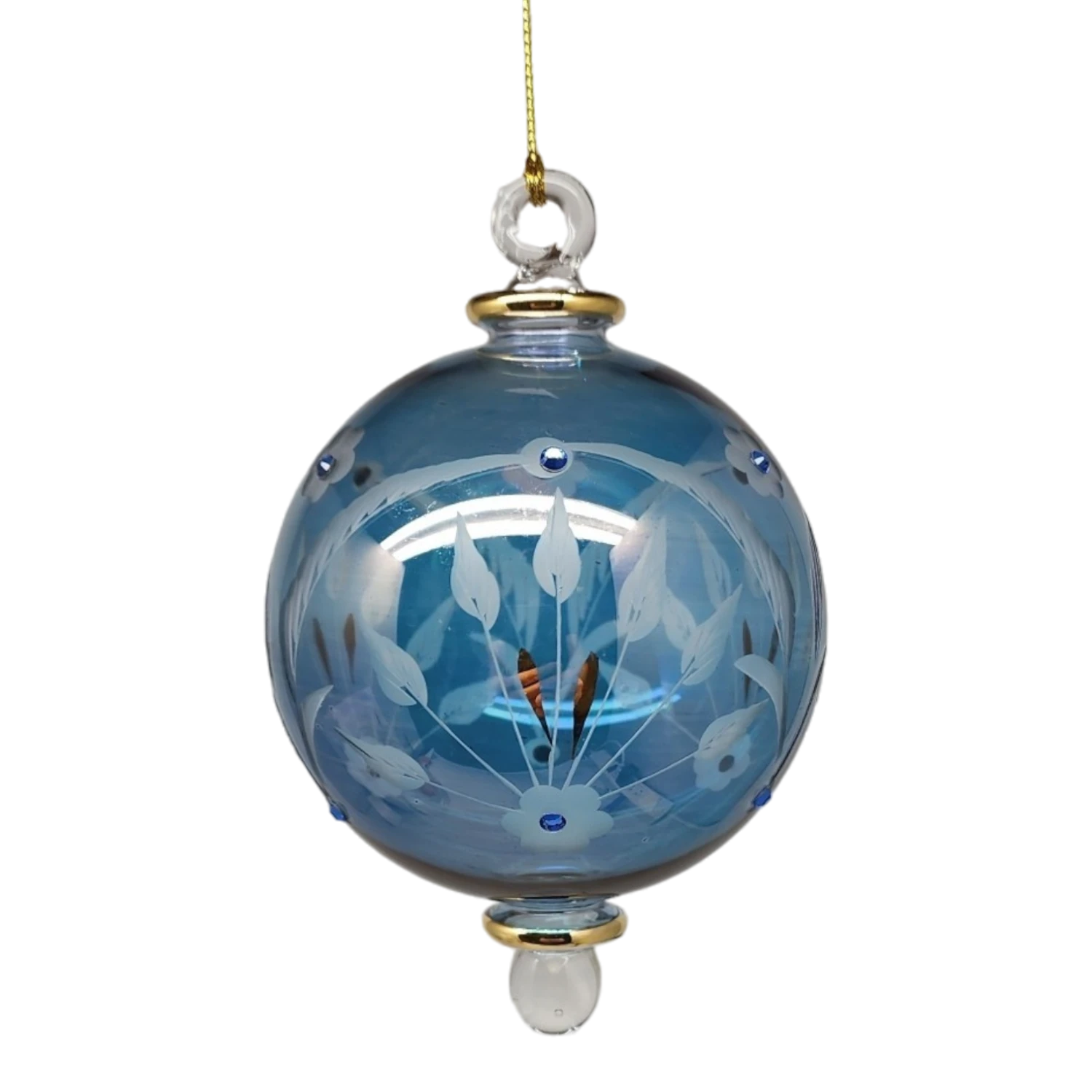 Etched Blown Glass Ball With Crystal Accents - Blue 1 Etched Blown Glass Ball With Crystal Accents - Blue