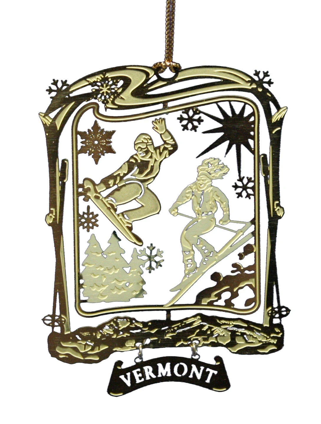 Solid Brass Ornament - Vermont Ski And Snowboarder 1 Solid Brass Ornament - Vermont Ski And Snowboarder
