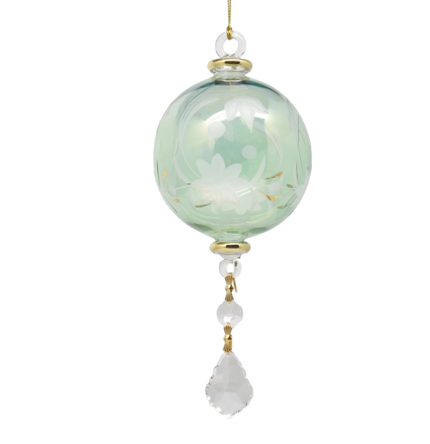 Gold Etched Glass Globe With Dangles - Green 1 Gold Etched Glass Globe With Dangles - Green