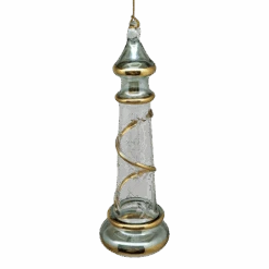 Glass Lighthouse Ornament With Gold Accent - Green