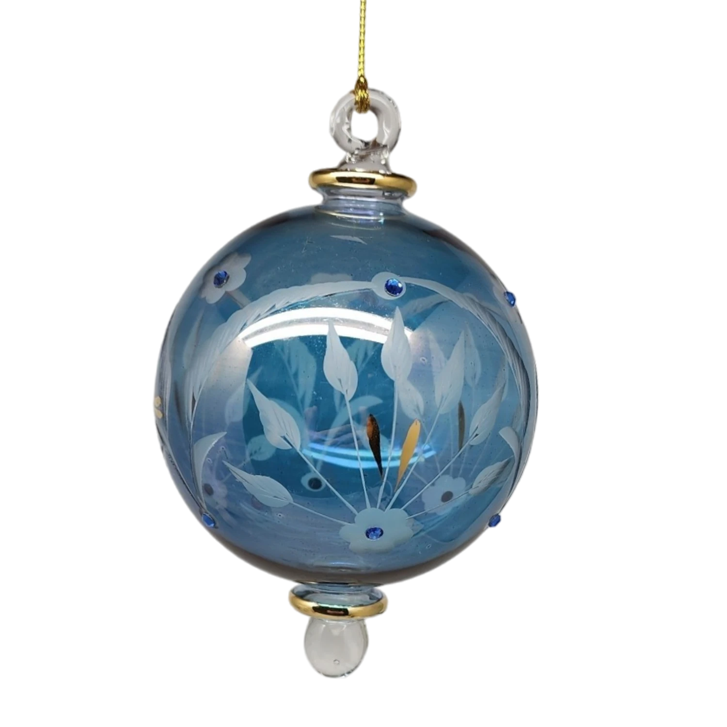 Etched Blown Glass Ball With Crystal Accents - Blue 2 Etched Blown Glass Ball With Crystal Accents - Blue - Image 2