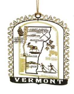 Solid Brass Ornament - Vermont Map And Landmarks