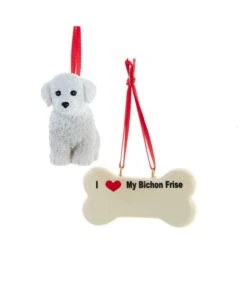 Kurt Adler I Love My Bichon Frise With Dog Bone Ornaments