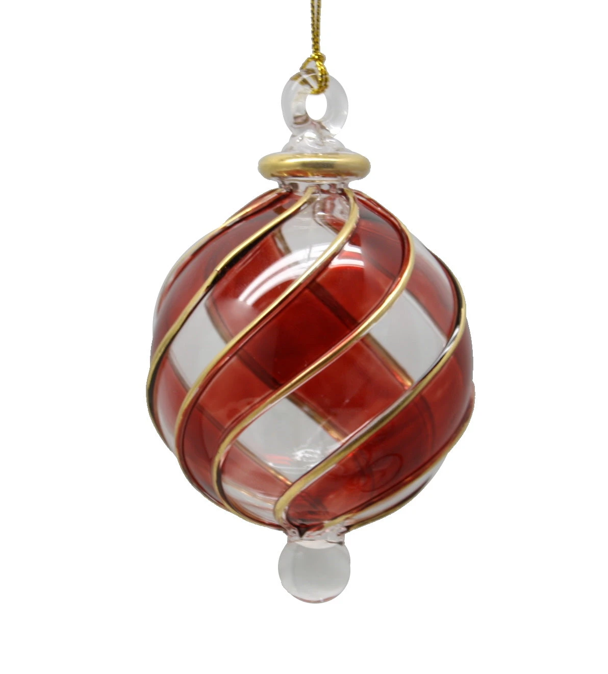 Blown Glass With Golden Swirl Rib Ornament - Red 1 Blown Glass With Golden Swirl Rib Ornament - Red