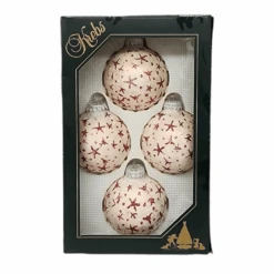Krebs Value Glass Ball 4 Pack - Red Stars On Matte Cream