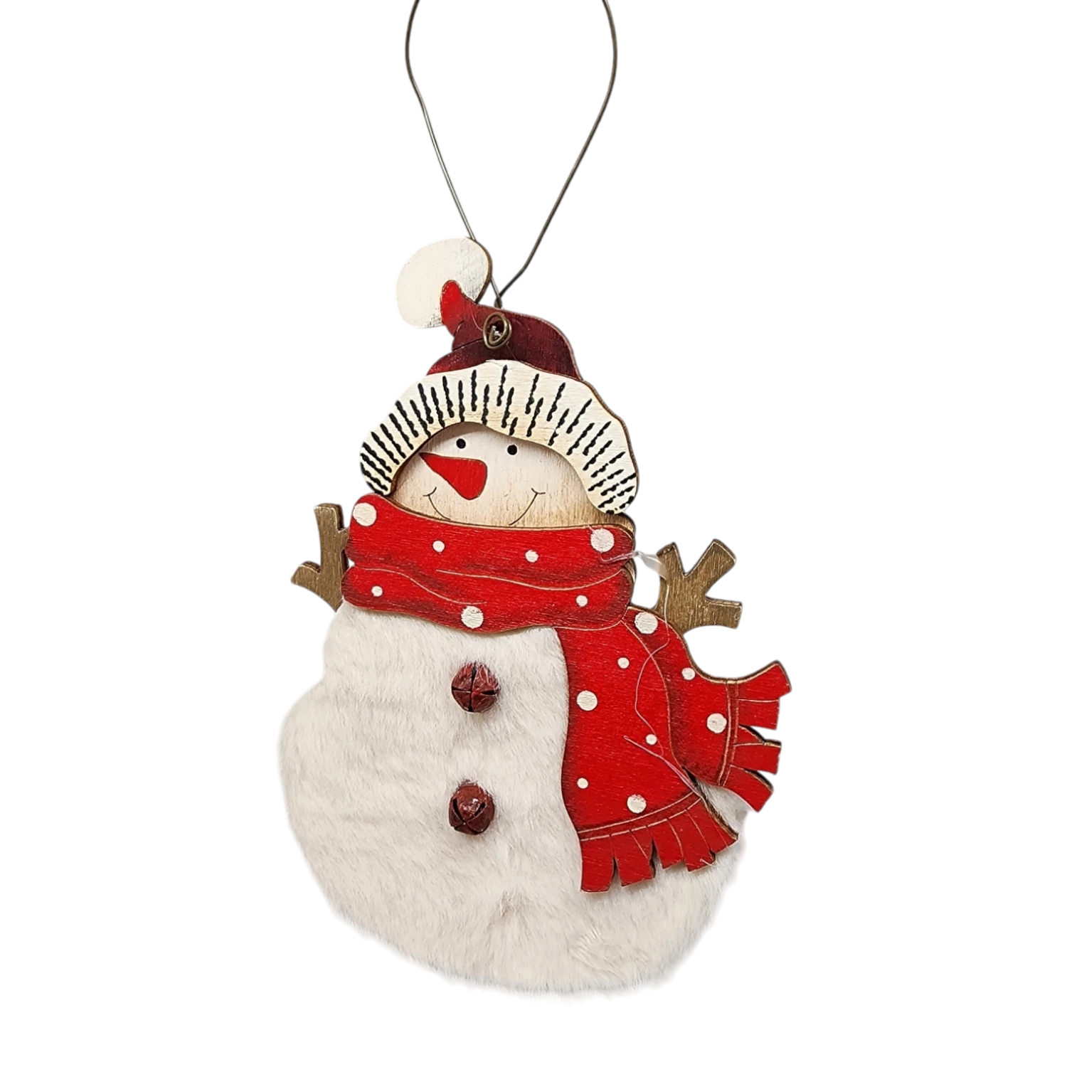 Wood And Fur Snowman Ornament - Stocking Hat 1 Wood And Fur Snowman Ornament - Stocking Hat