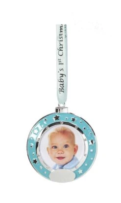 Silver Plated Baby Ornament - Round Blue Picture Frame
