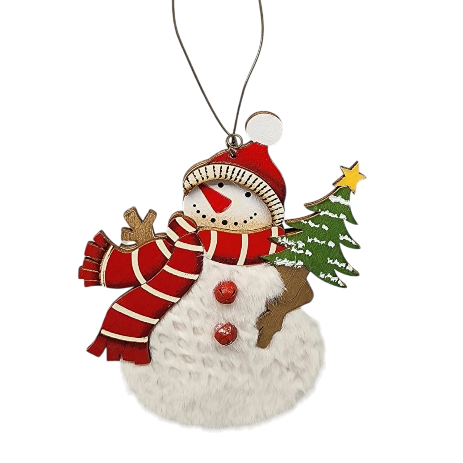 Wood And Fur Snowman Ornament - Holding A Tree 1 Wood And Fur Snowman Ornament - Holding A Tree