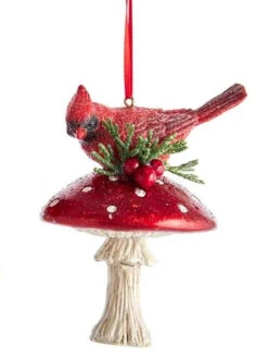 Kurt Adler Cardinal On Mushroom Ornament -