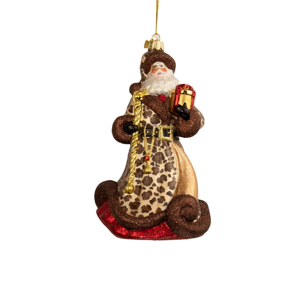Bellissimo Glass Santa With Leopard Print Ornament 1 Bellissimo Glass Santa With Leopard Print Ornament