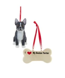 Kurt Adler I Love My Boston Terrier With Dog Bone Ornaments