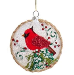 Kurt Adler Glass Disc With Cardinal Ornament - Single With Berries