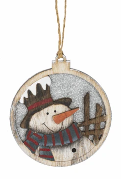 Wooden Circle Glittered Ornament - Snowman At The Fence