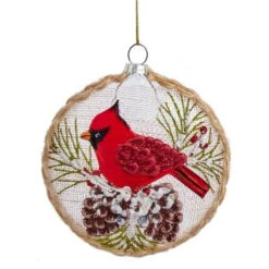 Kurt Adler Glass Disc With Cardinal Ornament - Single With Pinecones