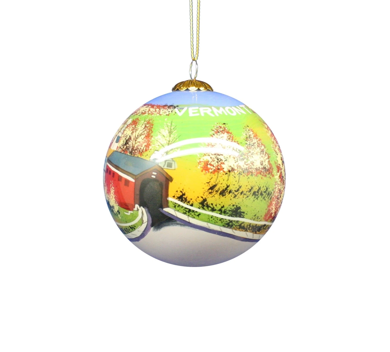Hand Painted Glass Globe Ornament - A Vermont Covered Bridge 1 Hand Painted Glass Globe Ornament - A Vermont Covered Bridge