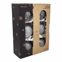 Decoris Enamel Ice Glass Ornament Set - 80mm - Silver And White