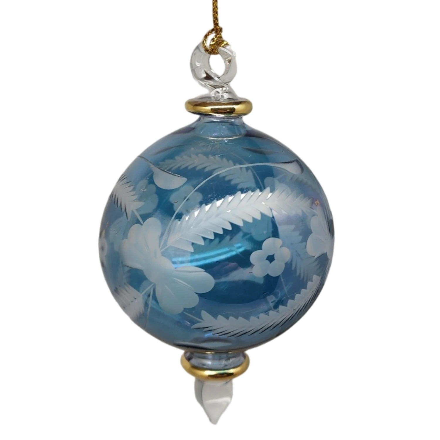 Etched Blown Glass Ball Ornament - Blue 1 Etched Blown Glass Ball Ornament - Blue