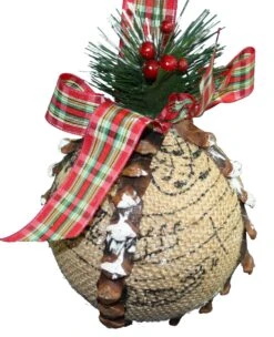 Burlap Ball Holiday Ornament - Red Green And Gold Ribbon