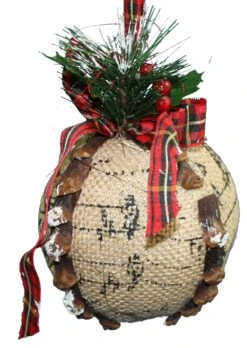 Burlap Ball Holiday Ornament - Red Black And Gold Ribbon