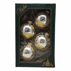 Krebs Value Glass Ball 4 Pack - Gold Sequin Snowflake On Silver