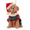 Kurt Adler Brown Labradoodle With Plaid Coat And Santa Hat Ornament