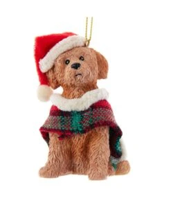 Kurt Adler Brown Labradoodle With Plaid Coat And Santa Hat Ornament