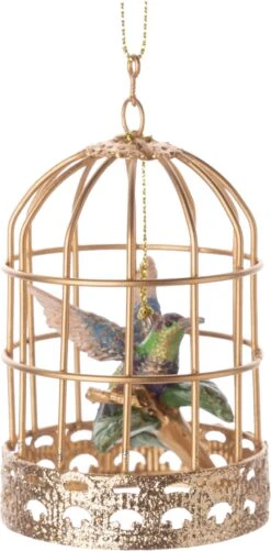Humming Bird In Gold Cage Ornament