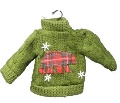 Green Knit Sweater Ornament With Plaid Bear