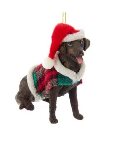 Kurt Adler Chocolate Brown Labrador With Plaid Coat And Santa Hat Ornament