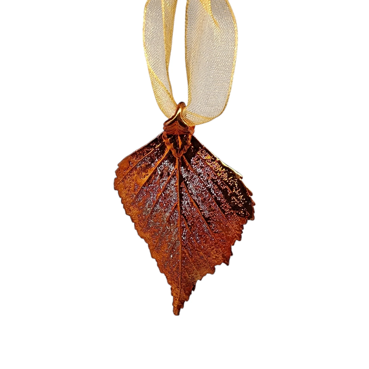 Copper Birch Leaf With Sheer Ribbon Ornament 1 Copper Birch Leaf With Sheer Ribbon Ornament