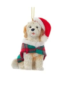 Kurt Adler Goldendoodle With Plaid Coat And Santa Hat Ornament