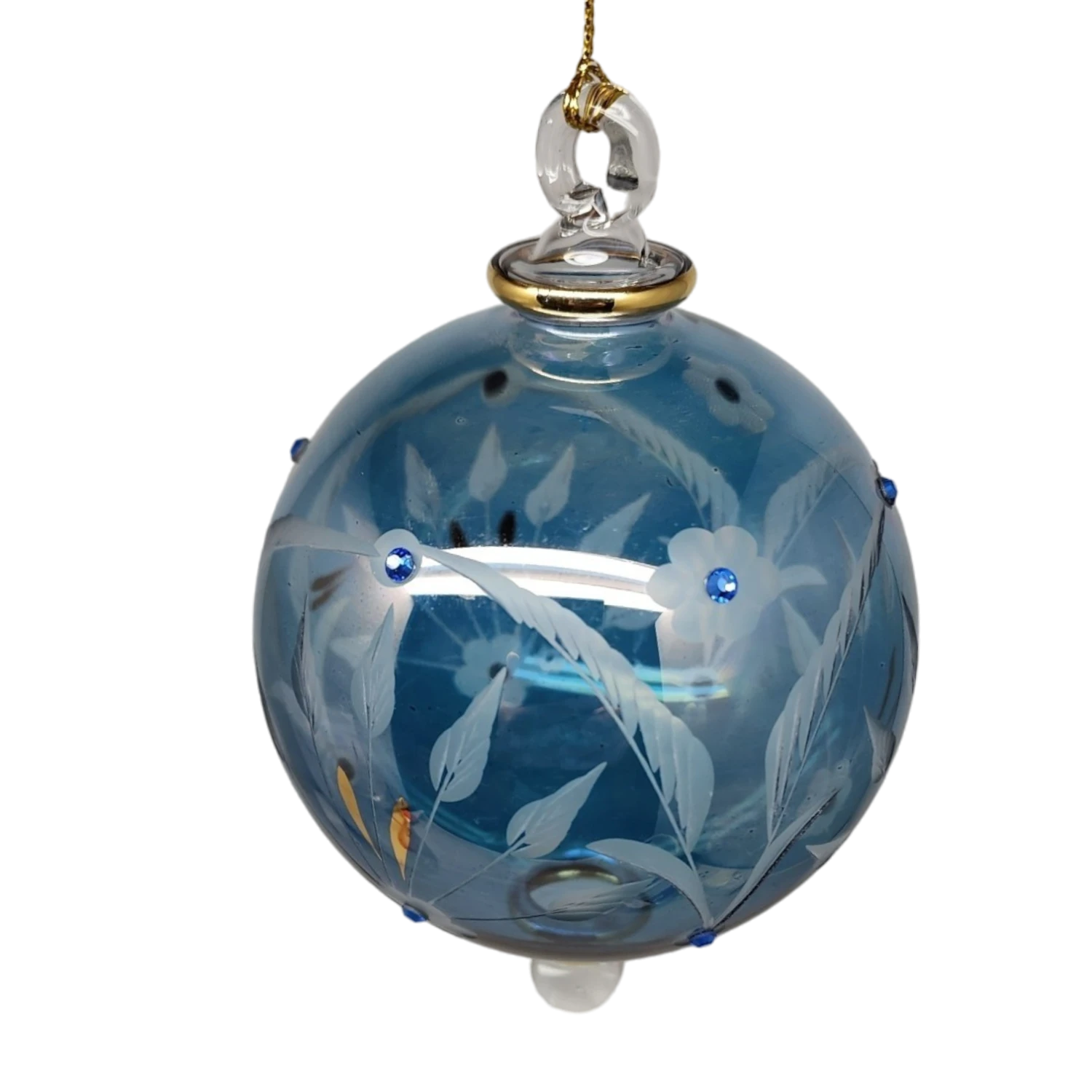 Etched Blown Glass Ball With Crystal Accents - Blue 3 Etched Blown Glass Ball With Crystal Accents - Blue - Image 3