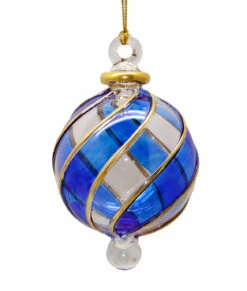 Blown Glass With Golden Swirl Rib Ornament - Blue