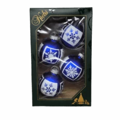 Krebs Value Glass Ball 4 Pack - White Glitter Snowflakes On Deep Blue