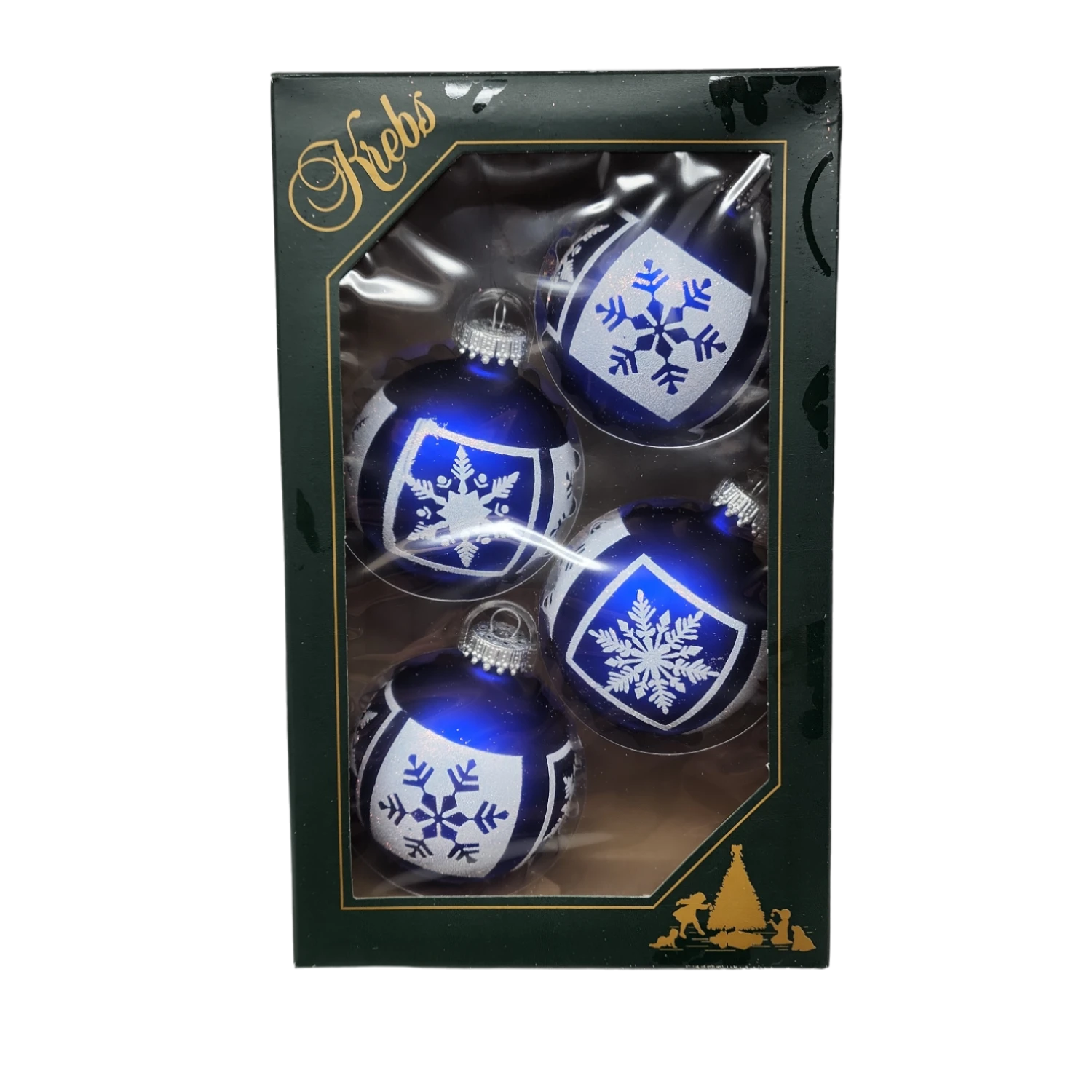 Krebs Value Glass Ball 4 Pack - White Glitter Snowflakes On Deep Blue 1 Krebs Value Glass Ball 4 Pack - White Glitter Snowflakes On Deep Blue