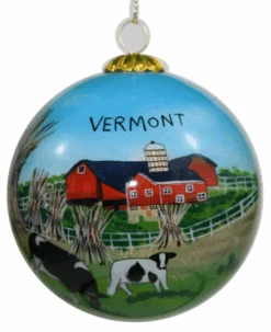 Hand Painted Glass Globe Ornament - Cows And Barns In Vermont