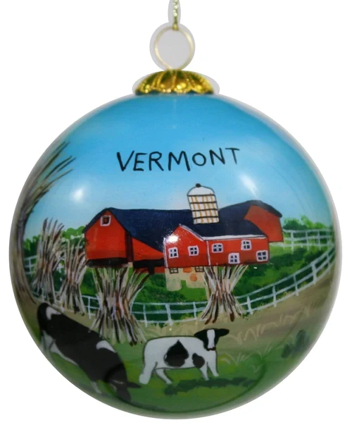 Hand Painted Glass Globe Ornament - Cows And Barns In Vermont 1 Hand Painted Glass Globe Ornament - Cows And Barns In Vermont